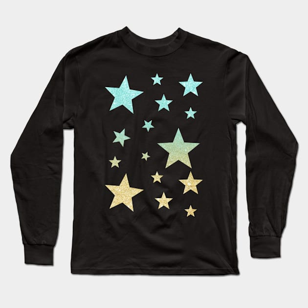 Teal Gold Ombre Faux Glitter Stars Long Sleeve T-Shirt by Felicity-K